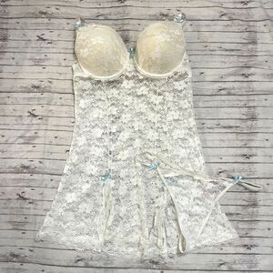 Native Intimates White Blue Bow Nightgown Built in Bra 40C Lace Skirt Peek A Boo